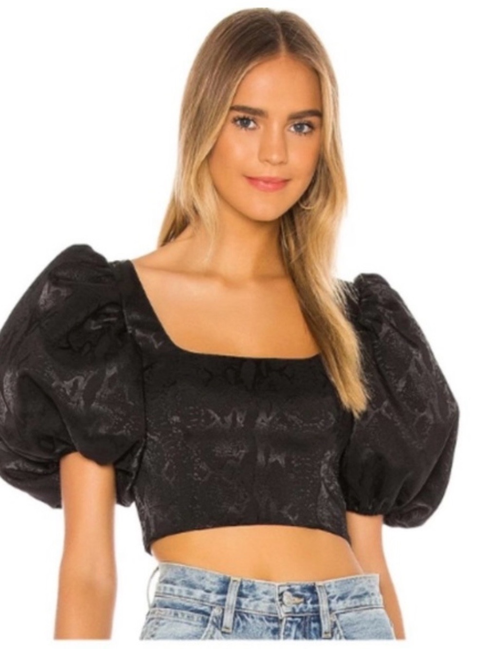 LPA Black Puff Sleeve Square Crop Top